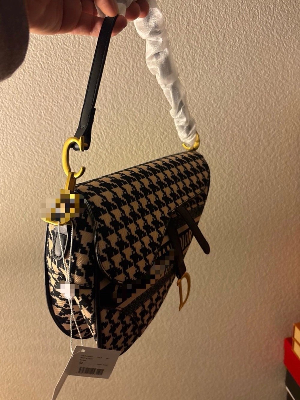 Black & Cream Houndstooth Shoulder Bag with Gold Hardware